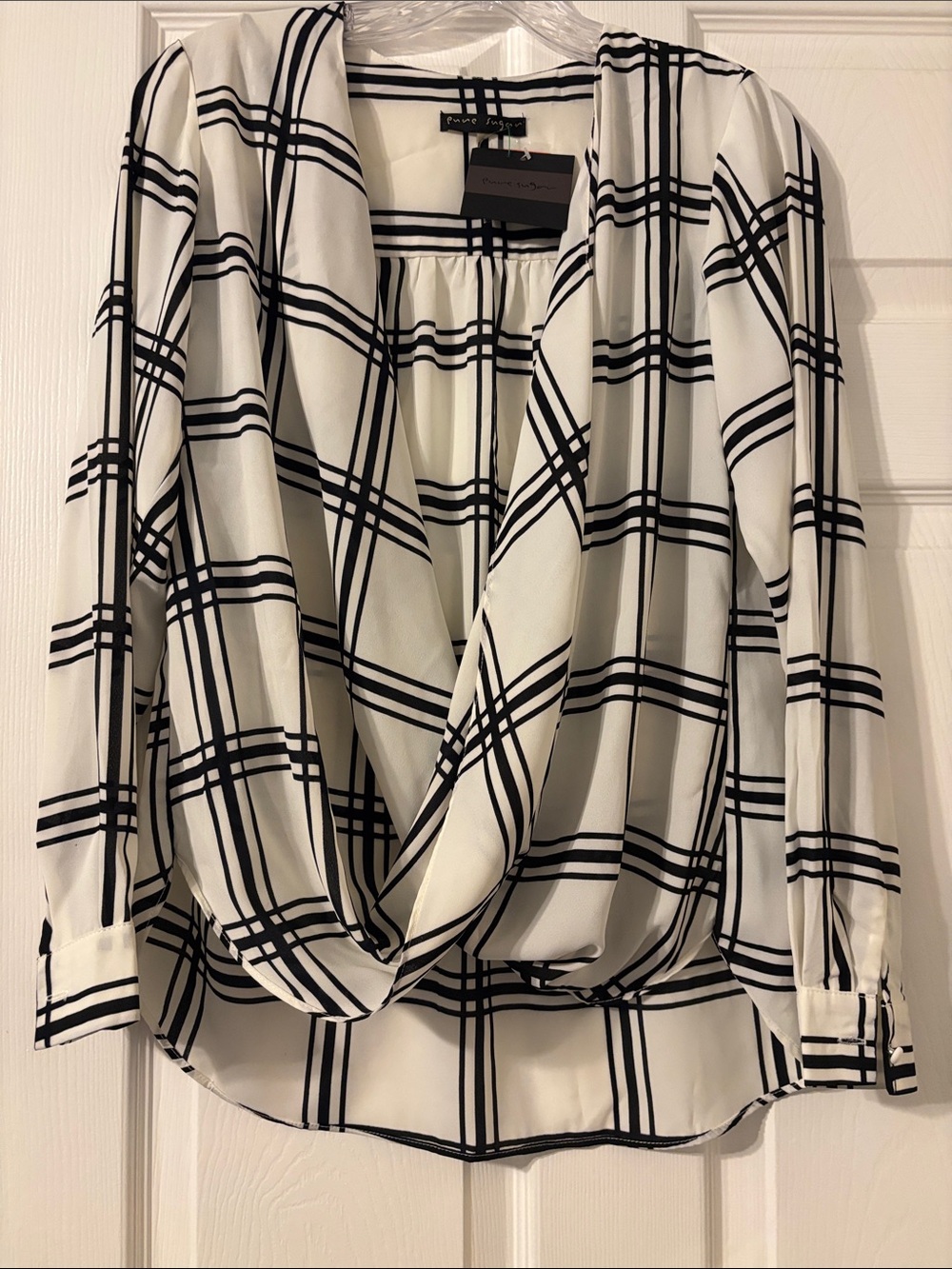 PURE SUGAR Draped Black & White Plaid Blouse - Petite Sophisticate
